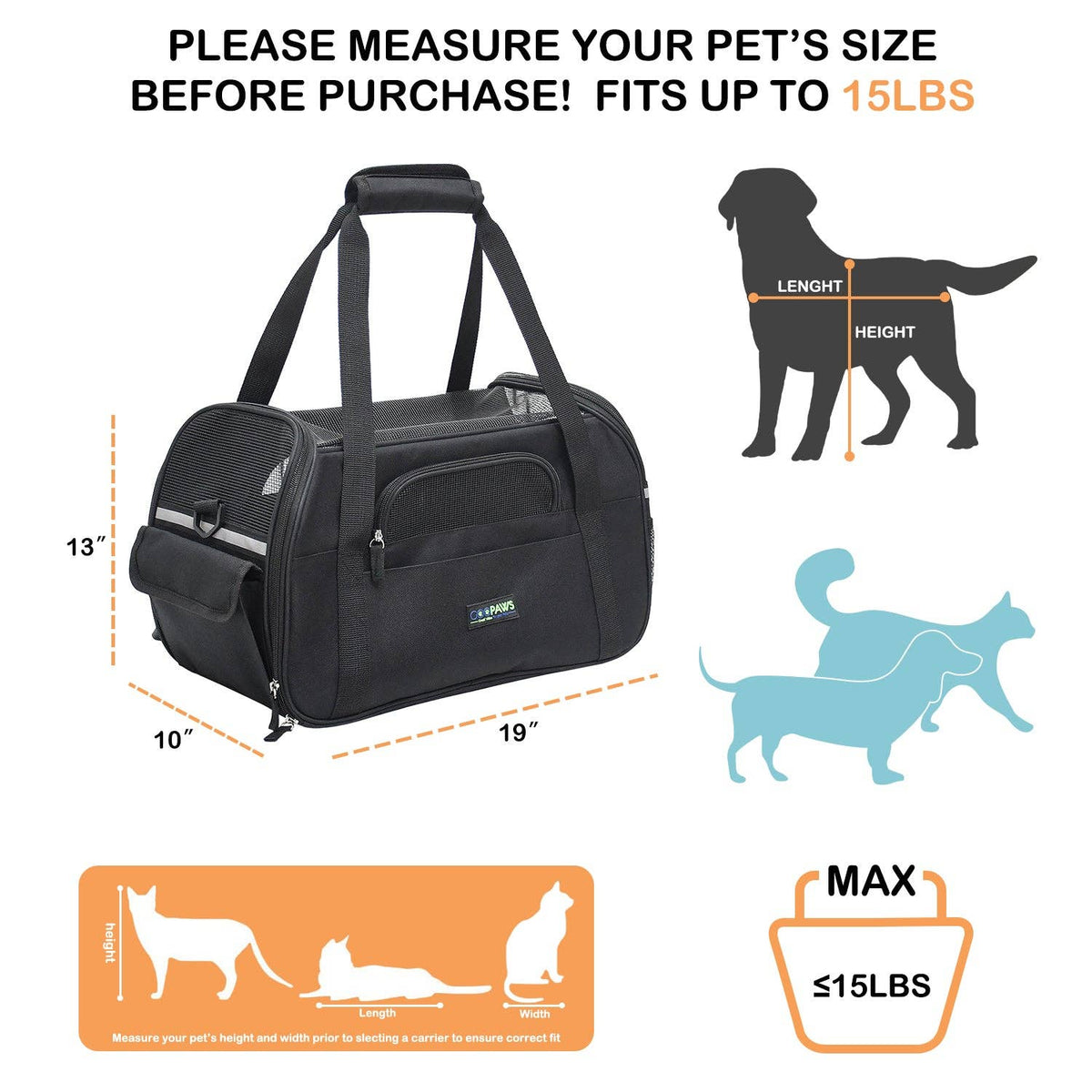 GooPaws Soft Sided Travel Carrier in Black For Dogs and Cats