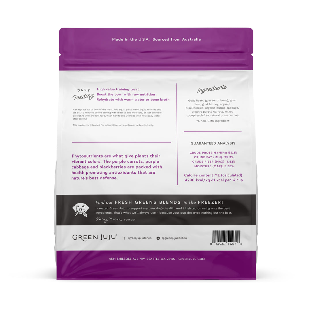 Green Juju Freeze Dried Raw Whole Food Bites Goat Purple Dog and Cat Topper or Treat