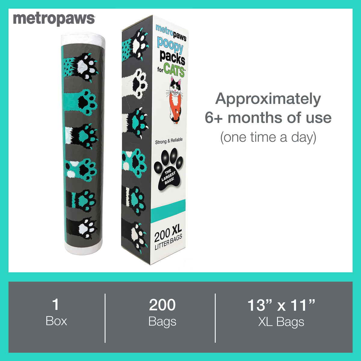 Metro Paws Poopy Packs Ultra Degradable Unscented Cat Litter Bags, 200 Count