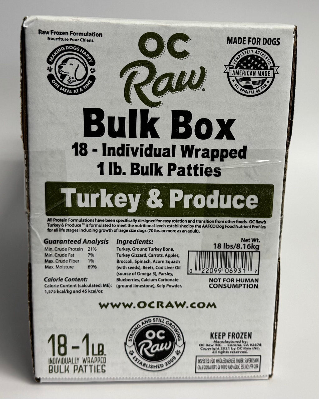 OC Raw Turkey & Produce Frozen Raw Dog Food