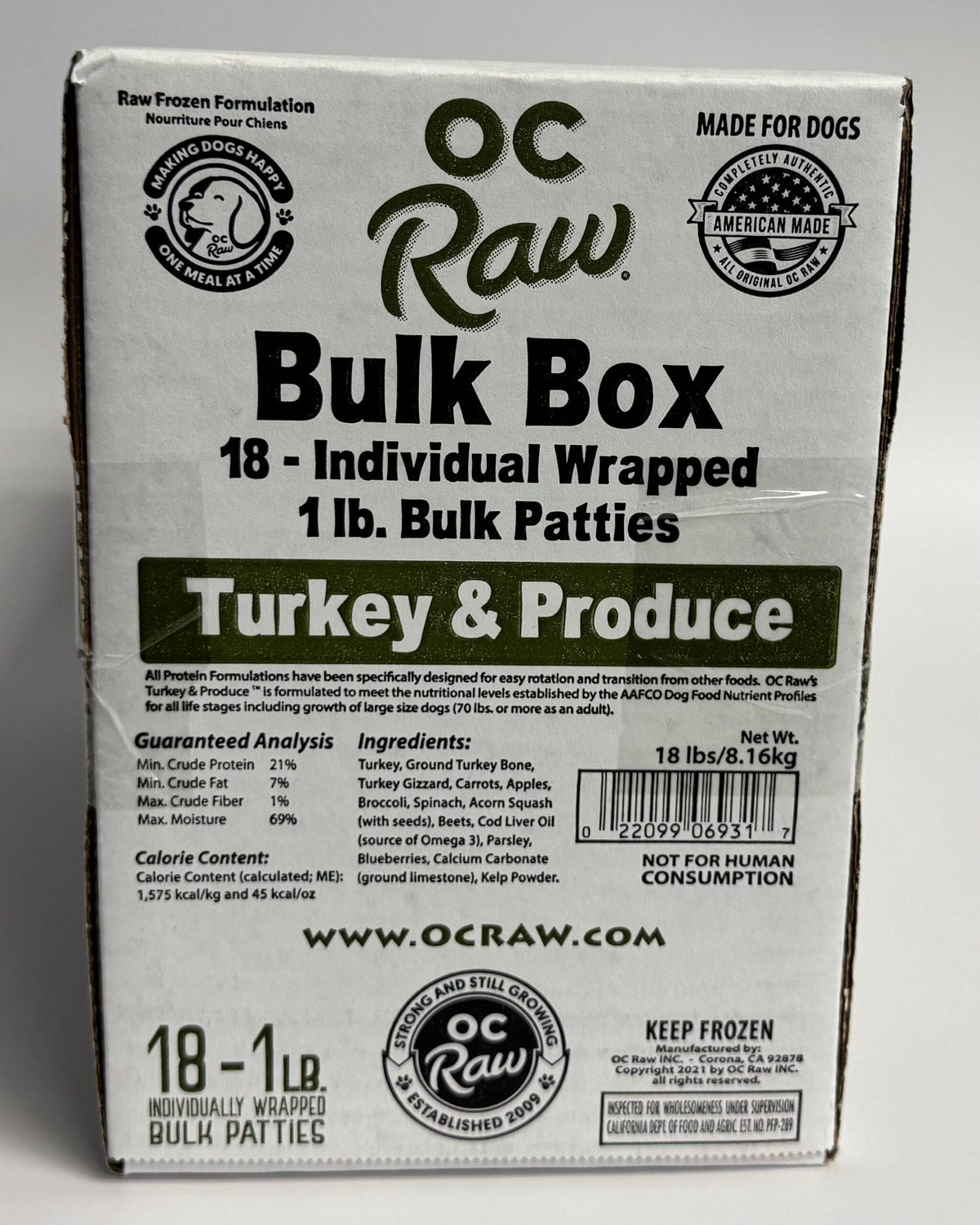 OC Raw Turkey & Produce Frozen Raw Dog Food