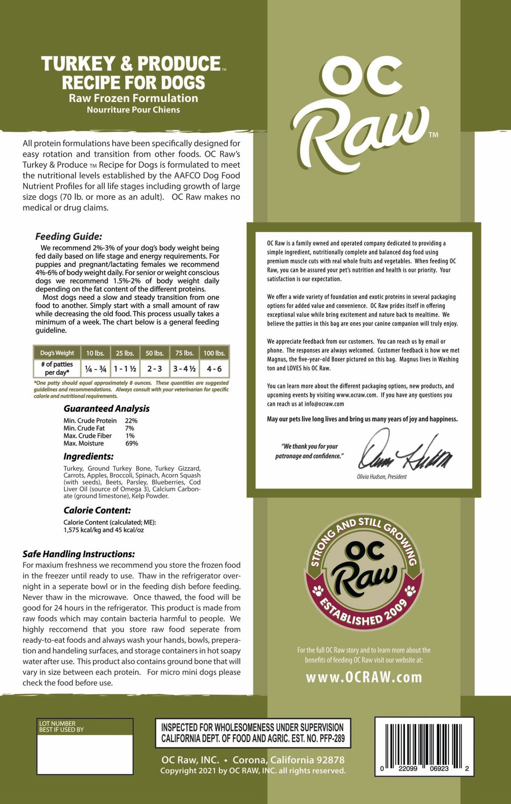 OC Raw Turkey & Produce Frozen Raw Dog Food