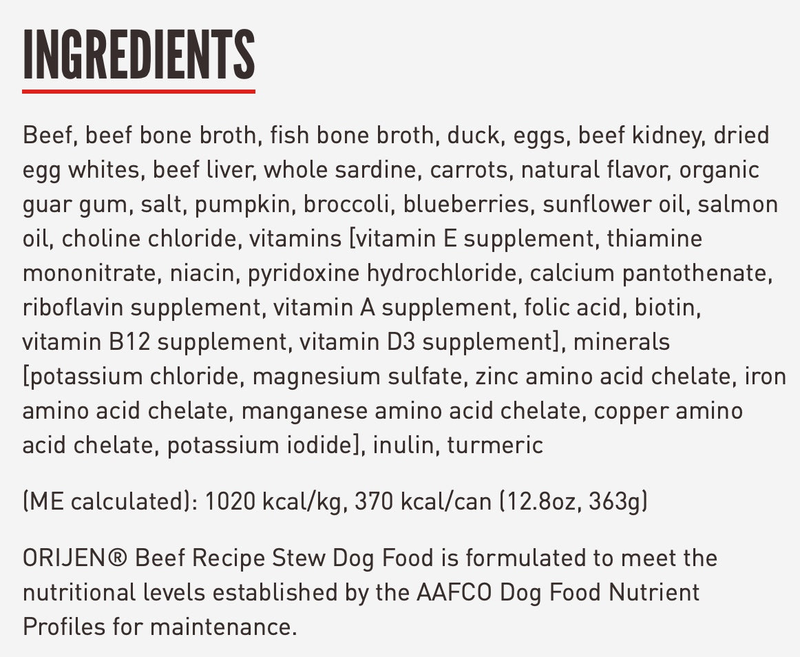 Orijen Premium Shredded Beef & Eggs Stew Recipe Canned Dog Food