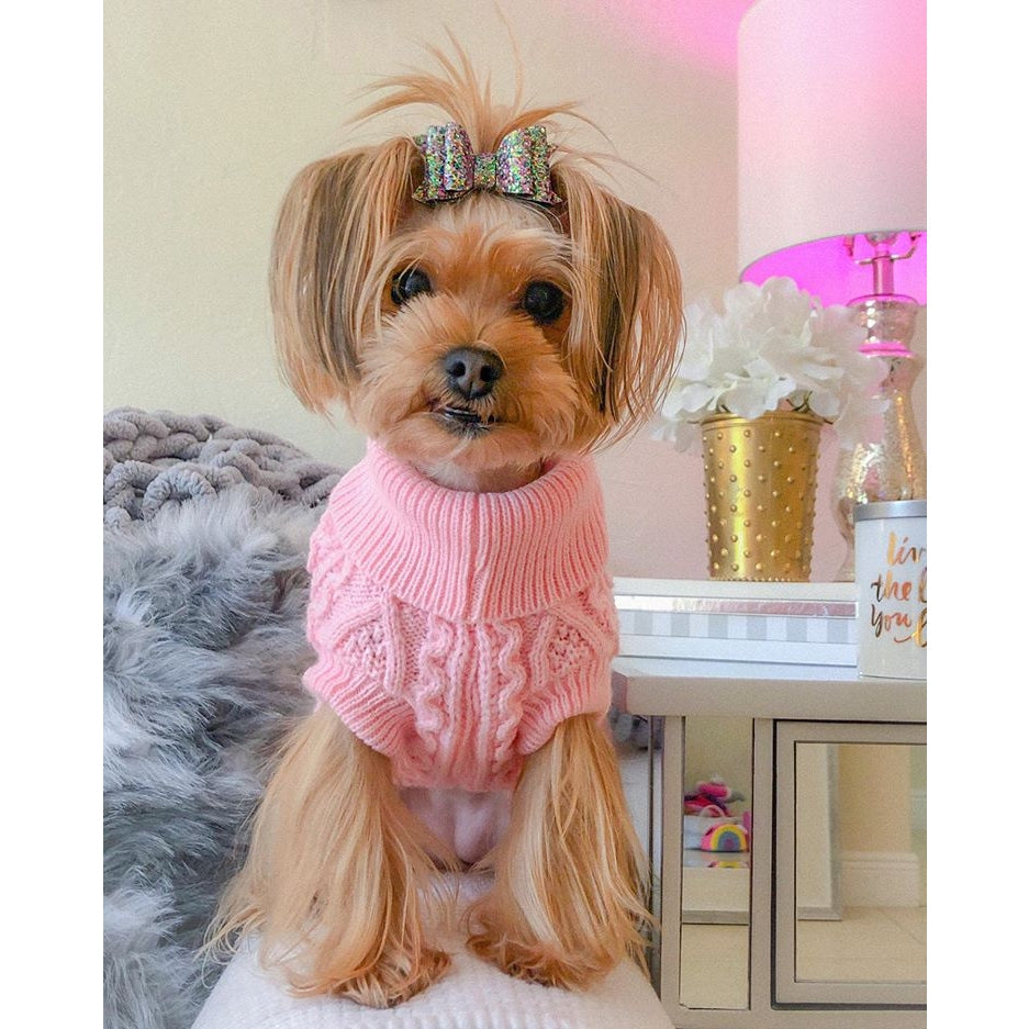 Parisian Pet Pullover Cable Knit Dog Sweater in Pink
